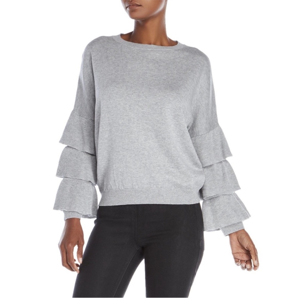 John + Jenn Light Grey Tiered Ruffle Sleeve Crewneck Sweater Size Small